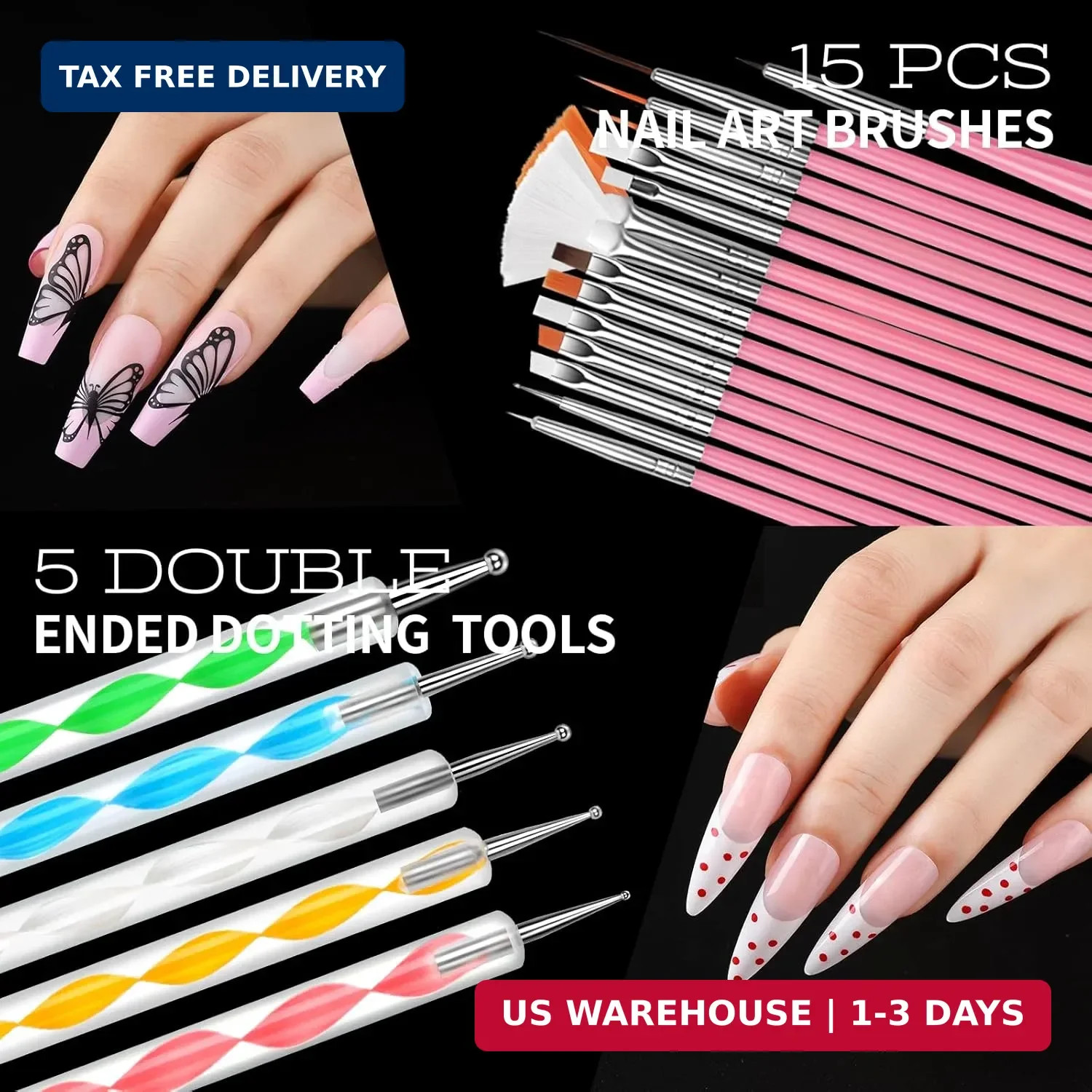 Nail Charms 15 Pcs Nail Art Brushes 5 Pcs Nail Dotting Tools 2 Set of Nail Stand