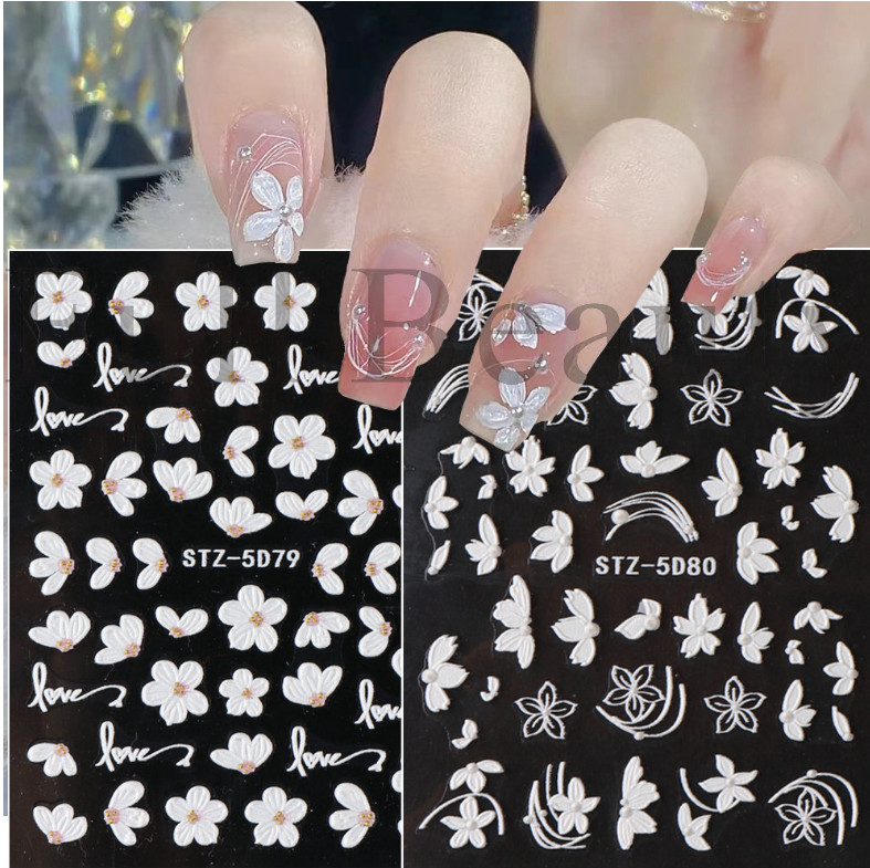 5D Embossed Tulip Camellia Flowers Leaf Nail Stickers Water Sliders Manicure DIY