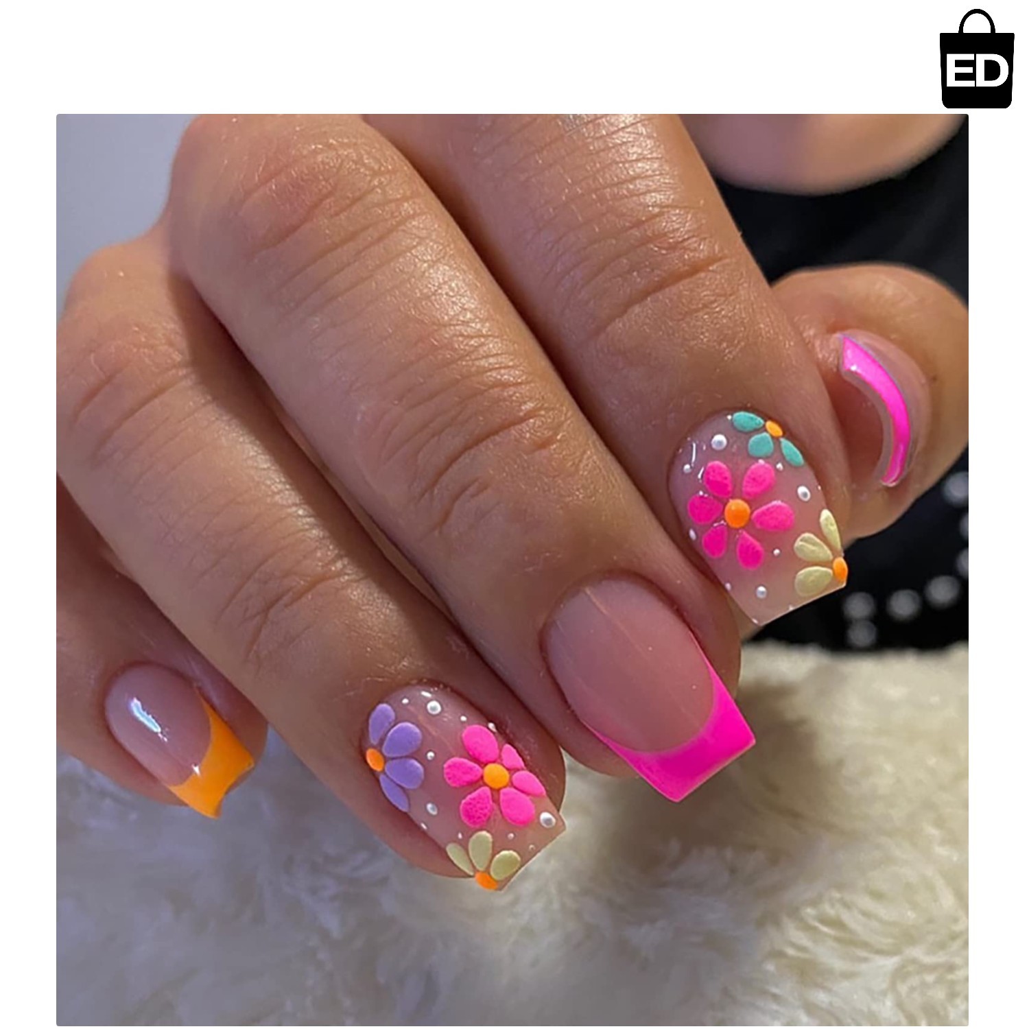 24-Pack Short Square French Tip Fake Nails – Glossy Nude Pink with Flowers
