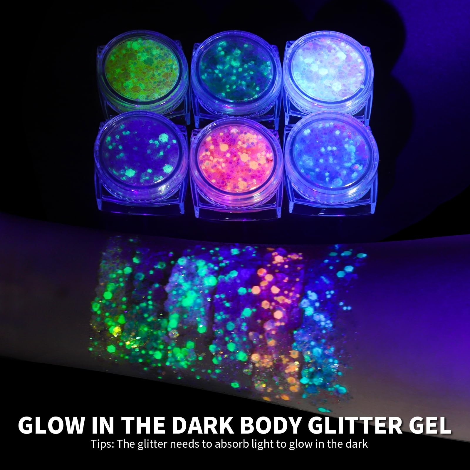 6 Colors Glow in The Dark Glitter Gel, Face Glitter Gel, Body Glitter Hair Gl…