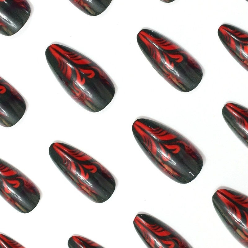48 pieces of women’s long, thin, high-heeled black and red glossy fake nail art
