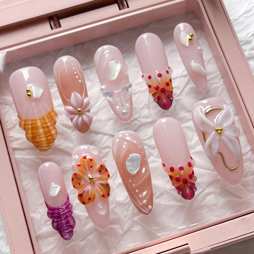 MAGLFELL Press on Nails – Handemade Long Almond Fake Nails, Unique 3D Glossy …