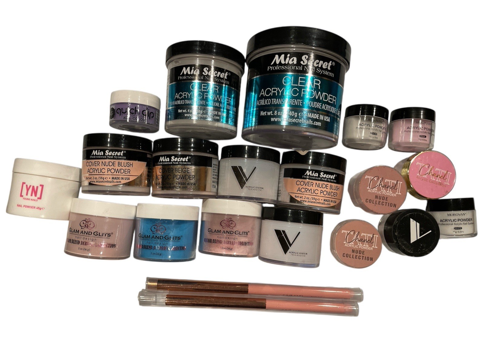 Lot Of 19 MIA SECRET ACRYLIC POWDER’s & Other Acrylic Powders & 2 Saviland Brush