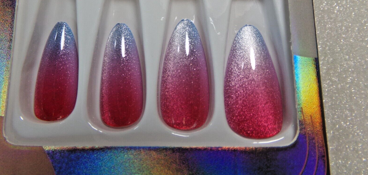 Pretty Secrets Iridescent Red & Blue Ombre Glue on Nail Long Almond Magnetic