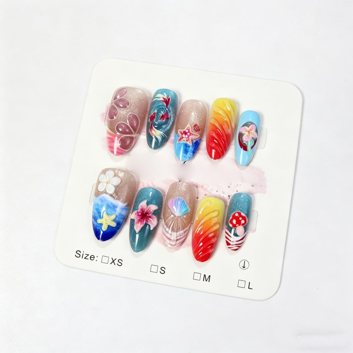 Summer Ocean Press on Nails Long Almond Fake Nails 3D Starfish Seashell Flowe…