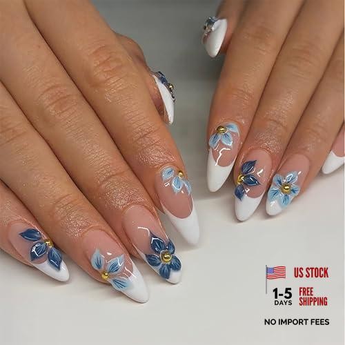 HOSAILY 3D Flower Press on Nails – Medium Almond, Natural Nude 3D Blue Flower