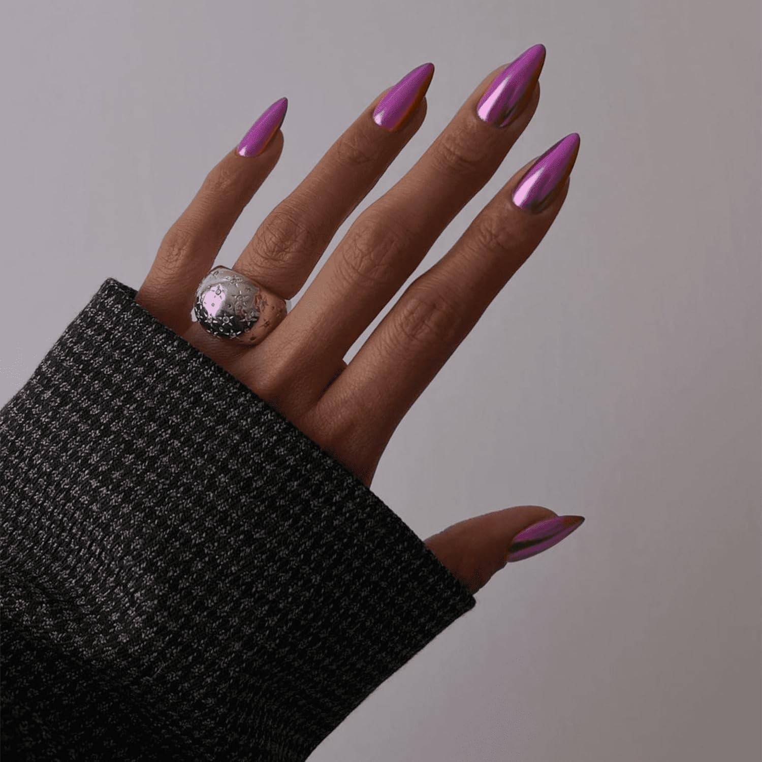 Purple Chrome Press on Nails Medium 0.04 Ounce (Pack of 24), almond purple-A