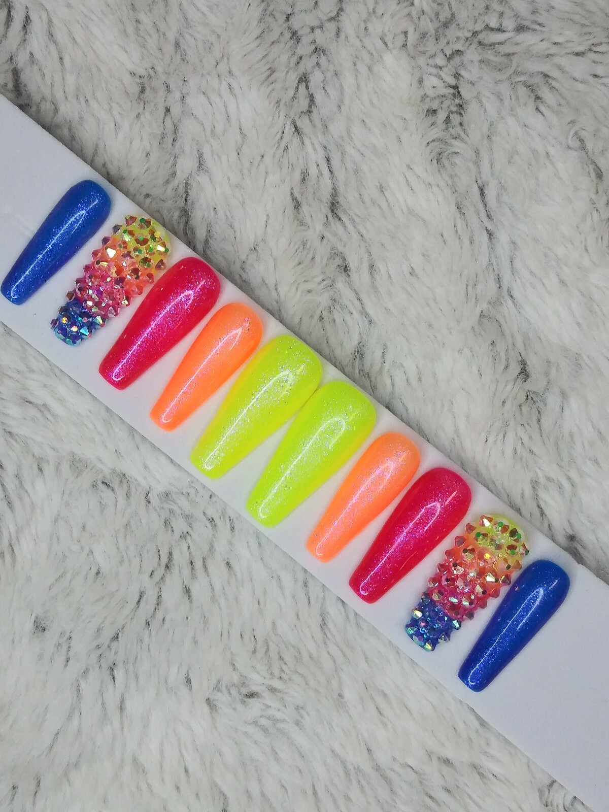 Neon Rainbow ombre bling nails w/ crystals Gel Press On nails long full set