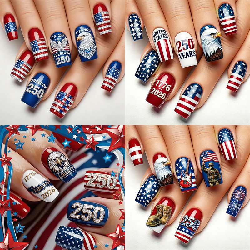 96Pcs Glossy Nails, USA 250th Anniversary, Flag & Eagle Pattern