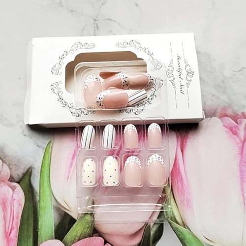 24 Pcs Blue French Tip Press on Nails – Short Oval Polka Dot Stripes