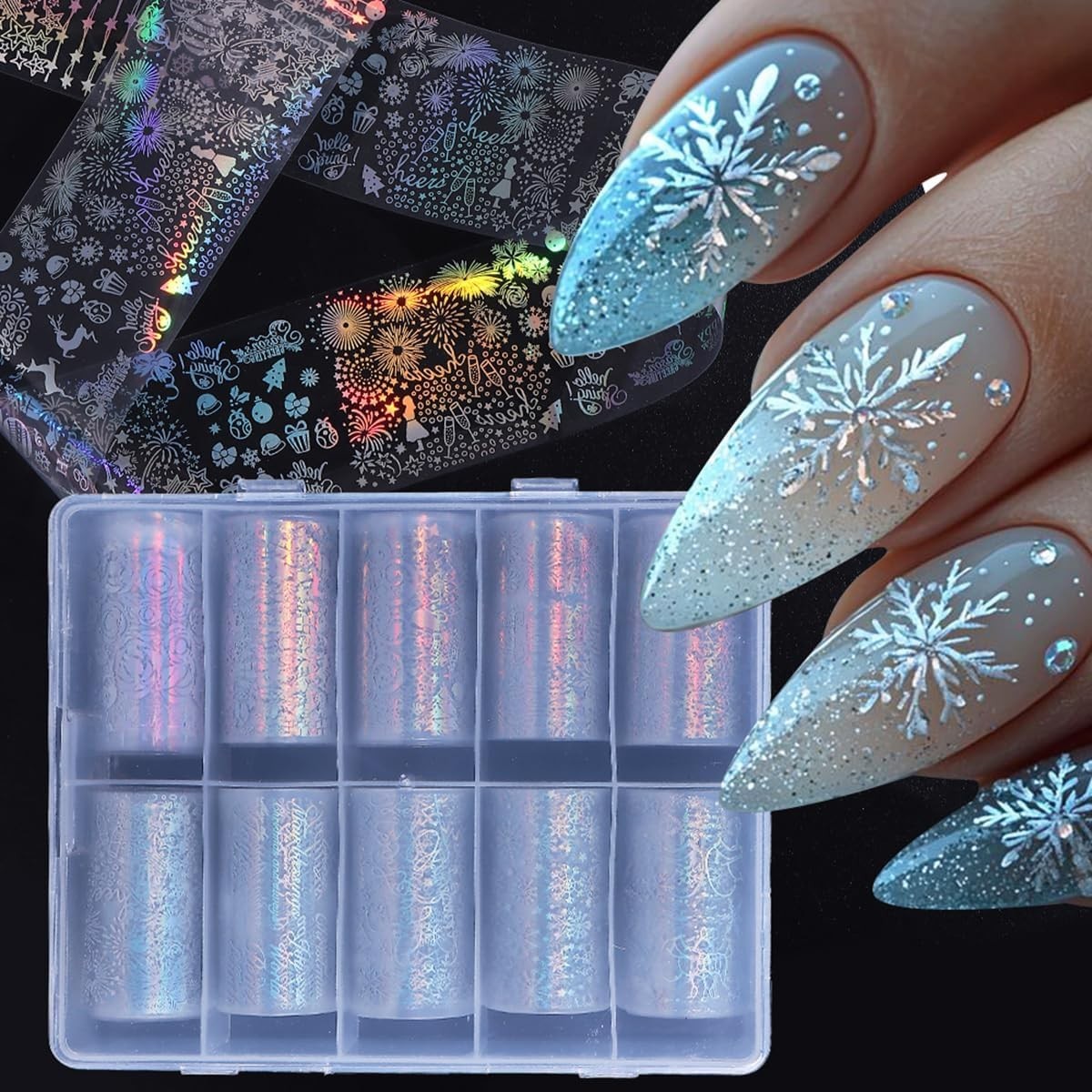 Christmas Nail Art Foils Transfer Stickers 10Rolls Laser Snowflake Nail Foils…