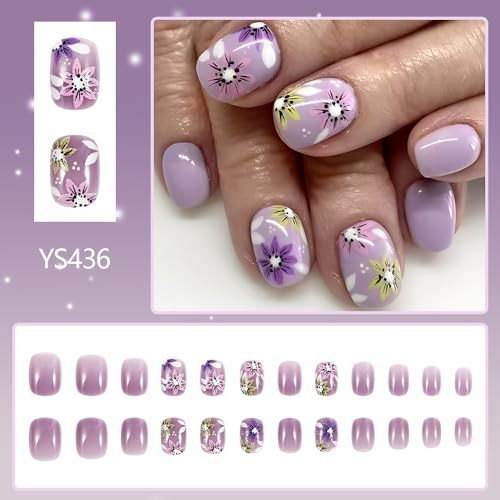 Purple Press on Nails Fake Nails with Yellow Short Square Yellow Pink Purple