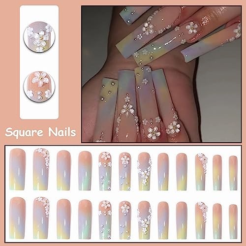Press on Nails – Long Square Glue on Nails with Summer 020A03Multi-colored