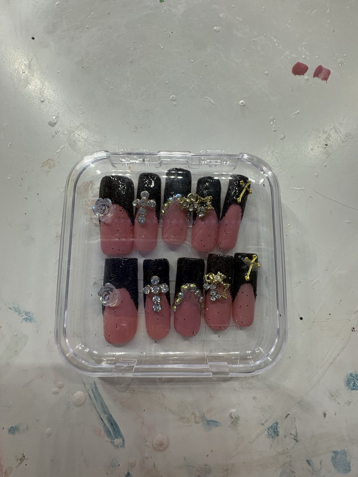 Long Coffin Press-On Nails Black Glitter Cross/star/rose/bedazzle