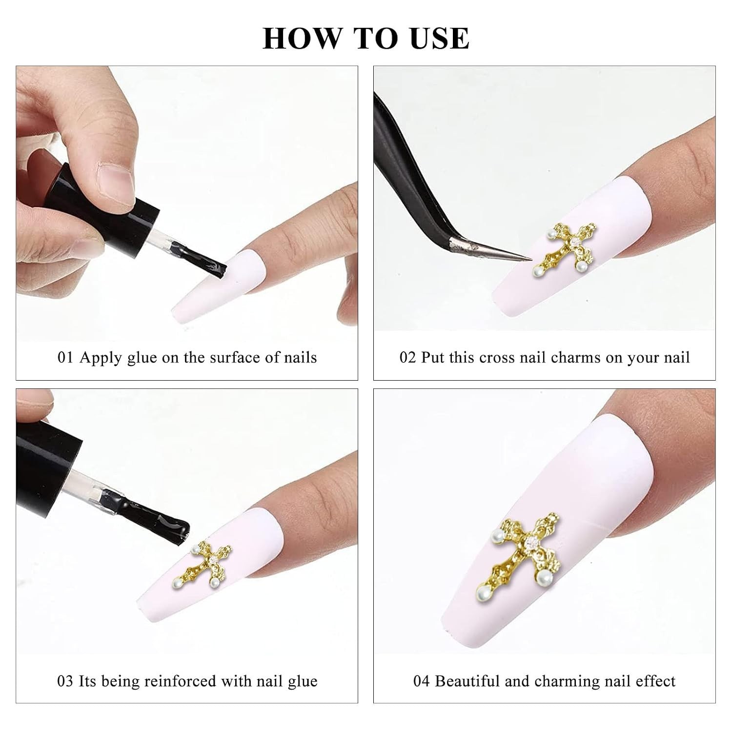 3D Cross Nail Charms, 30pcs Cross Nail Decorations for Nail Art Pearl Gems