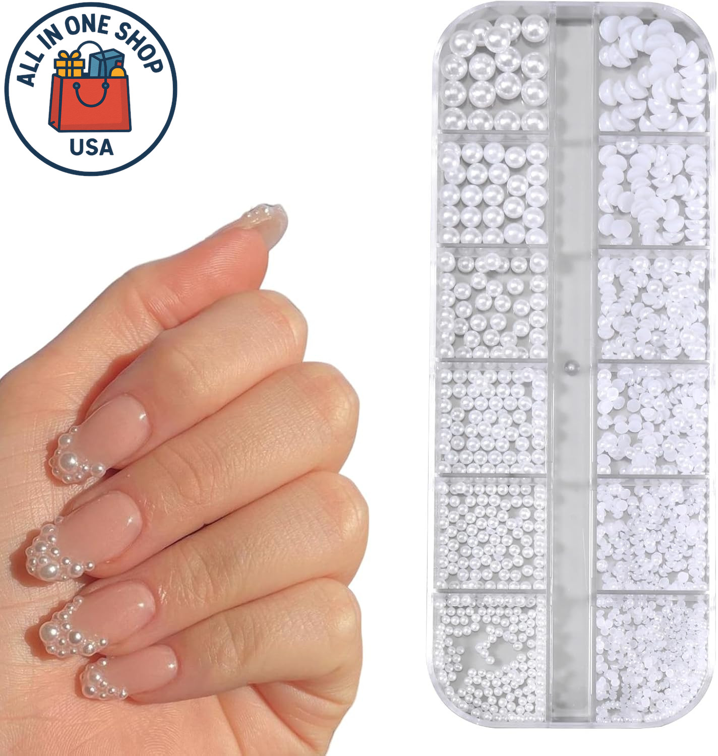 White Flatback Nail Pearls – 3D Charms for Manicure & DIY Design 12-Grid