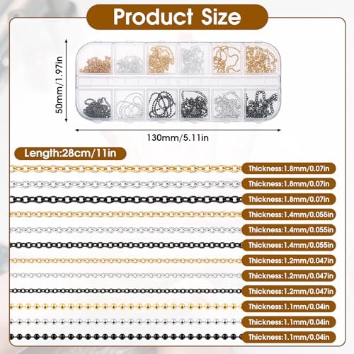 Hariendny 12 Strips Nail Chain Charms, Metal Nail Art Chains, 3D Gold Silver