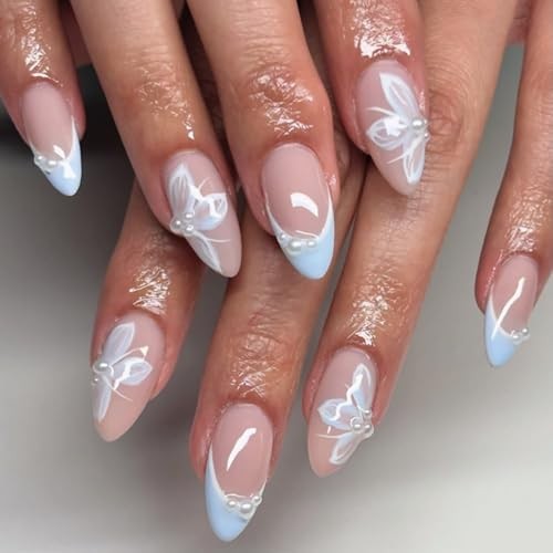 Nude Press on Nails Medium Almond Blue French Tips Fake Nails Press ons Styl 6