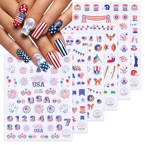 6 Sheets Independence Day Nail Art Stickers Decals，4th of July Nail Style 6