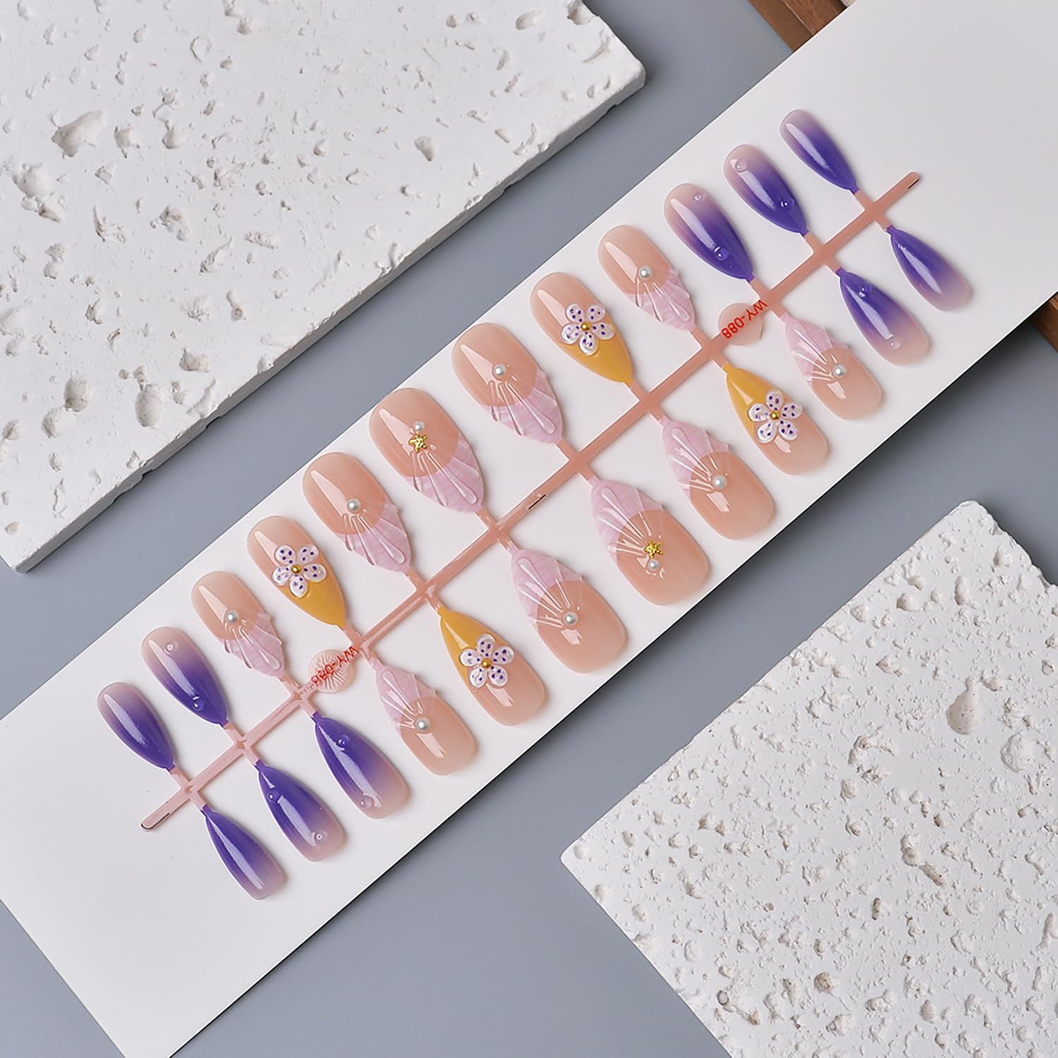 24Pcs Summer Beach Press on Nails Medium Almond Fake Nails Purple French Tip wit