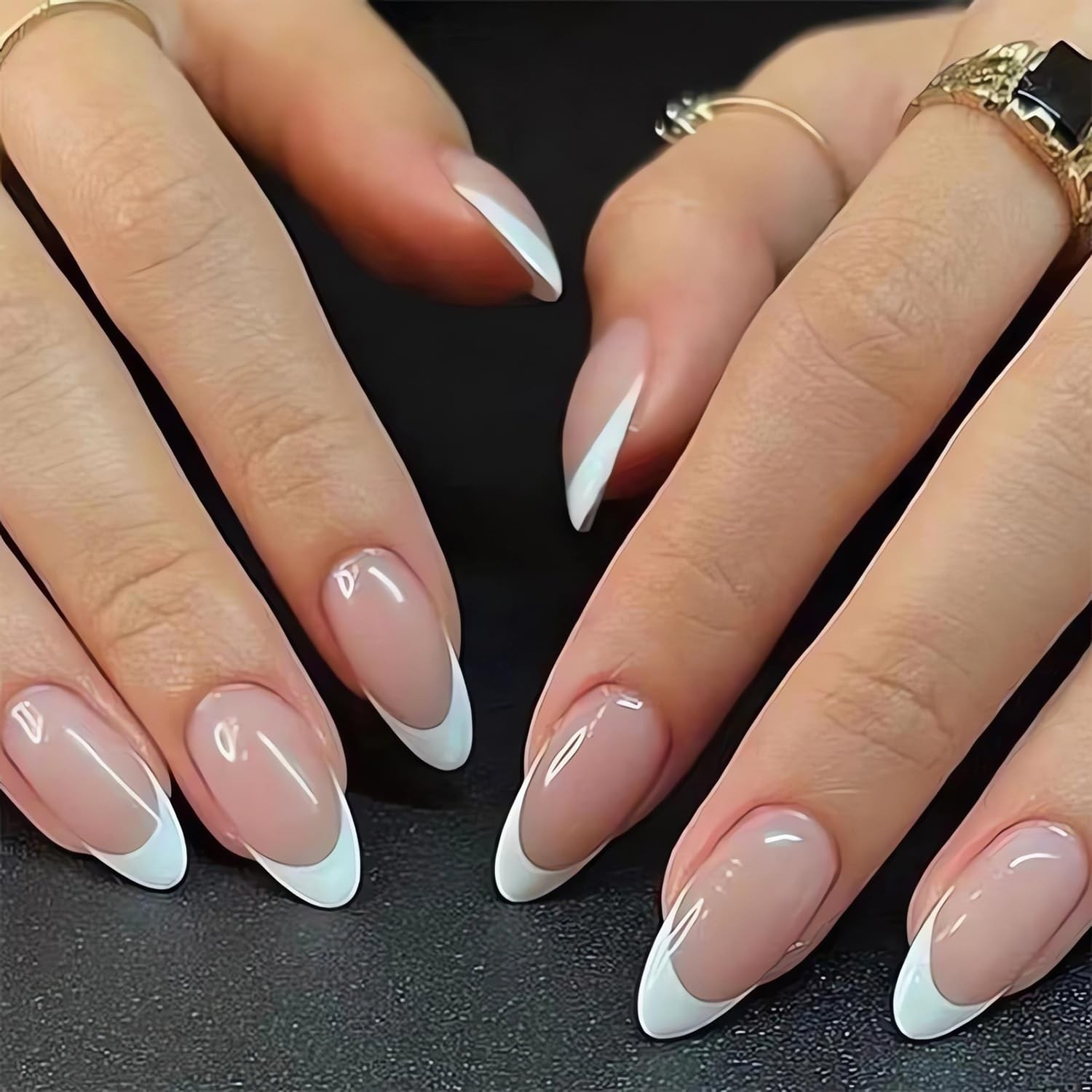 Almond French Tip Press on Nails Medium Length Fake Nails White French False …