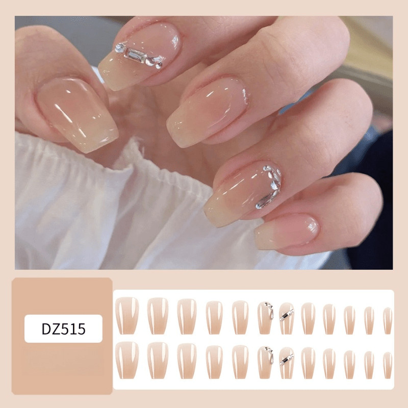48P-Press on Nails Minimalist Nude Diamond Glossy Short Square Nail Set Reusable