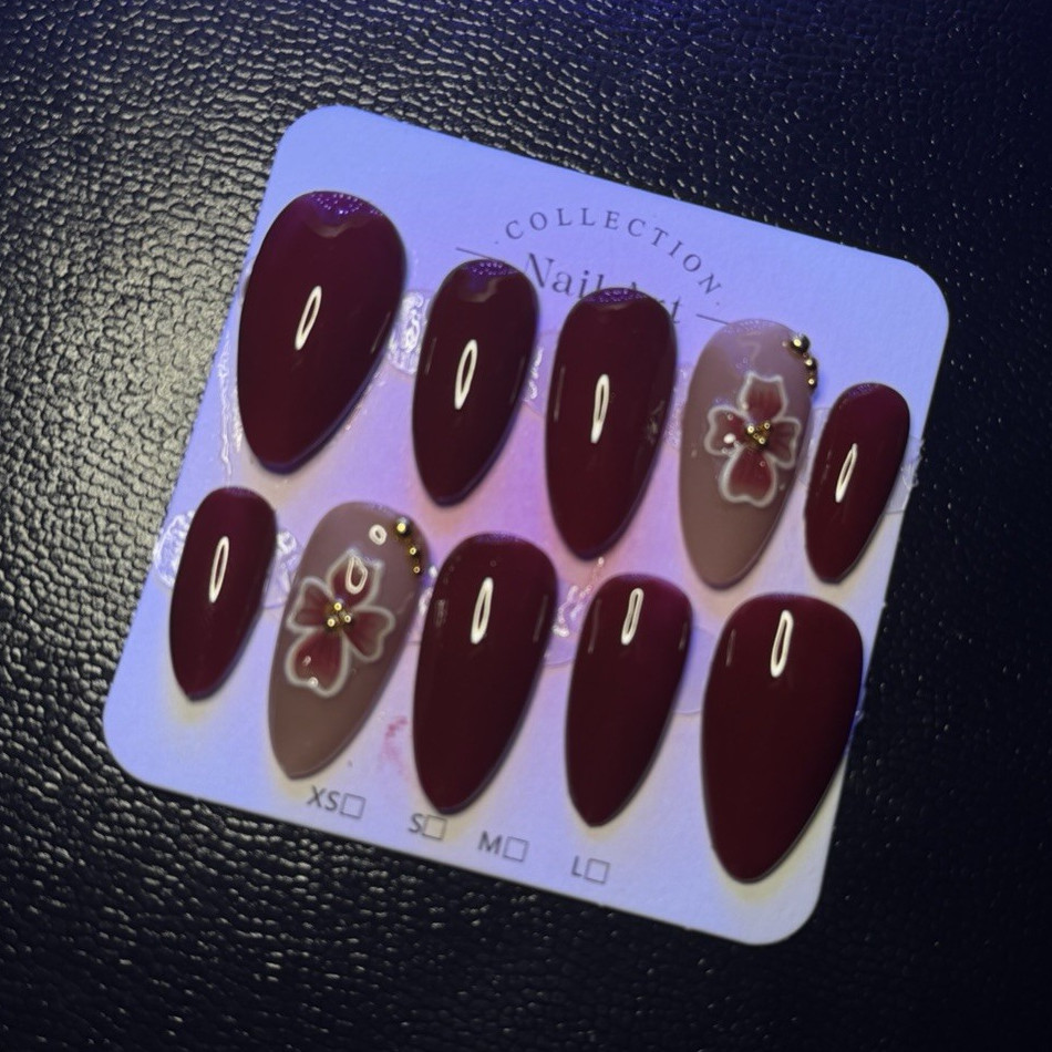 Collection Press-On Nails Almond Medium Burgundy Nude Floral Shiny Full Cover