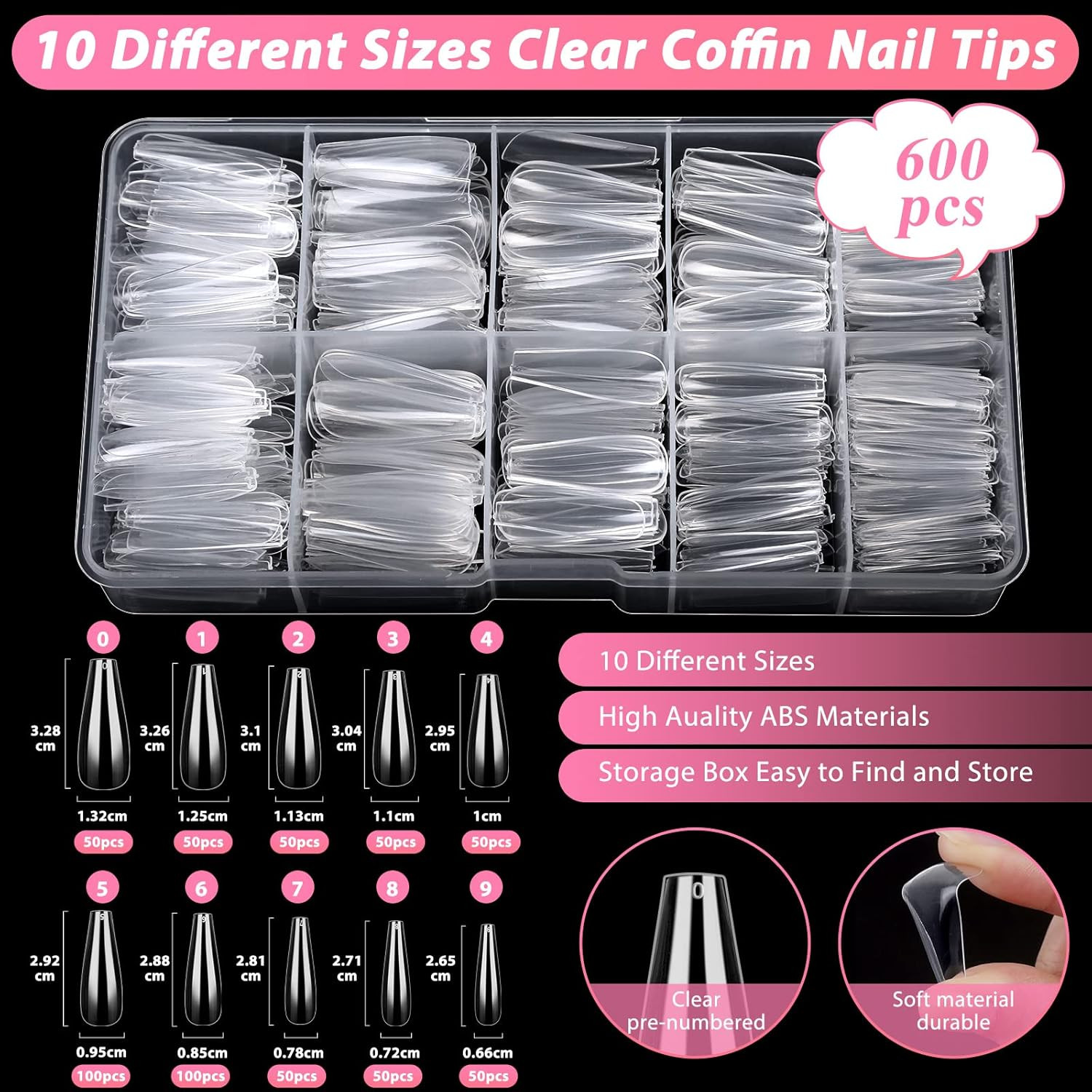 600PCS Clear Coffin Nail Tips Set Clear Acrylic Nail Tips with Nail Glue Coff…
