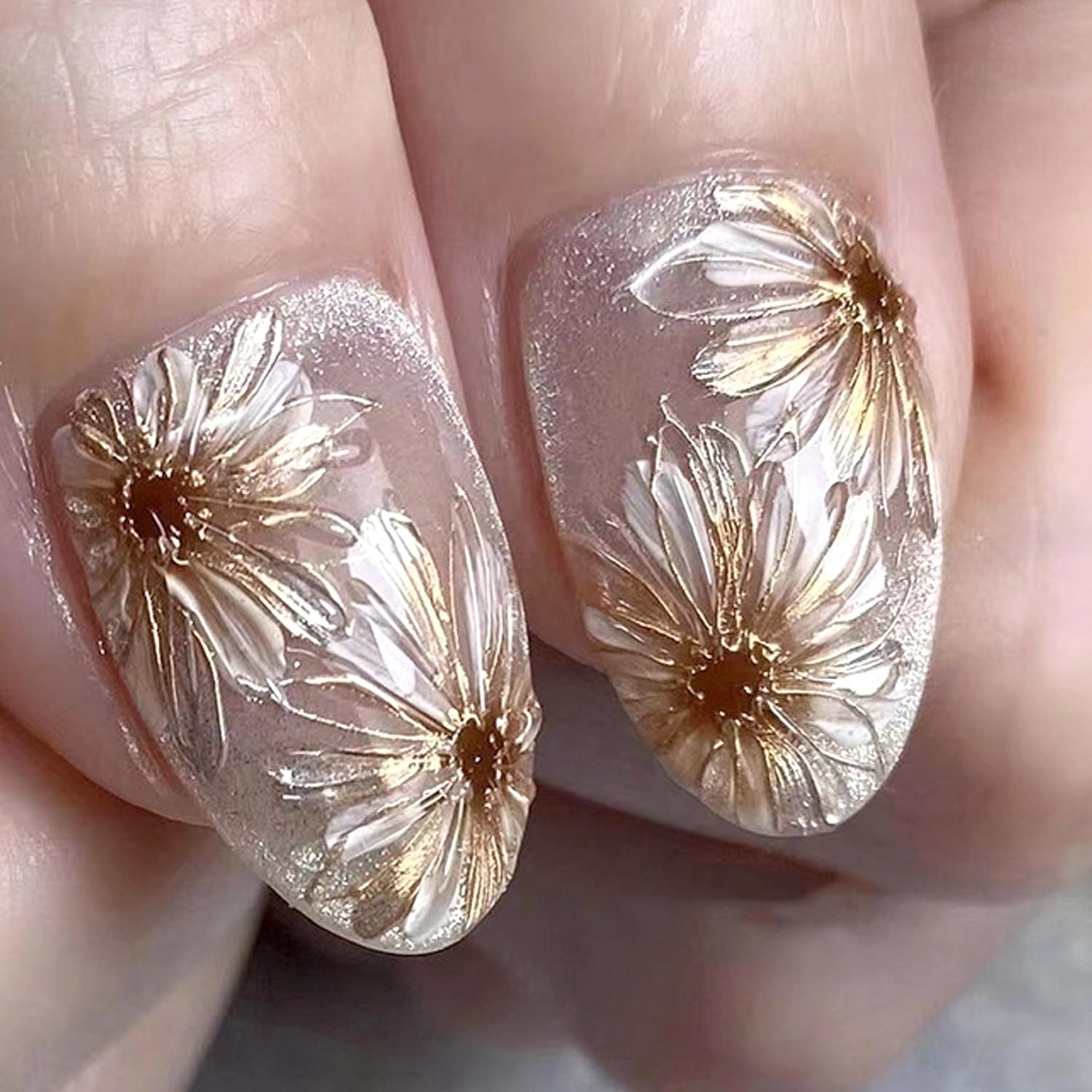 24Pcs Flower Press on Nails Short Almond Fake Nails with 3D Gold Beads Design…