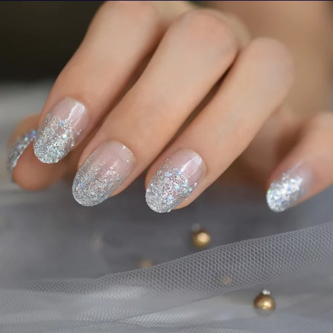 24 Short Press on nails kit w glue Cinderella Ombre silver glitter clear holo