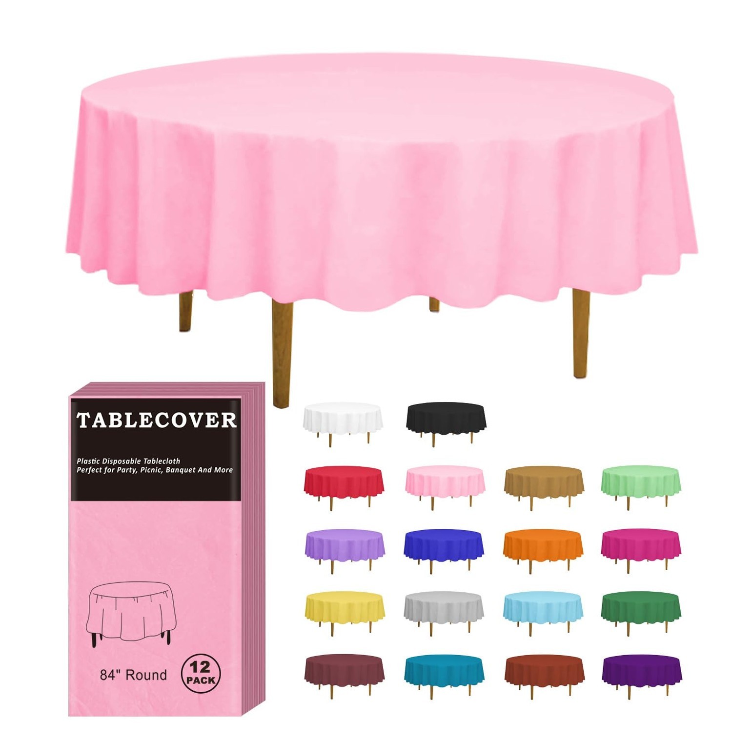 D&Z Plastic Table Cloth Disposable, 12 Pack Pink Round Tablecloth Individuall…