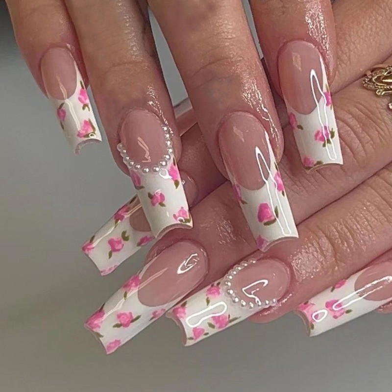 48pcs-Nude Fake Nails with White French Tips, Pink Roses and Pearl Heart Details