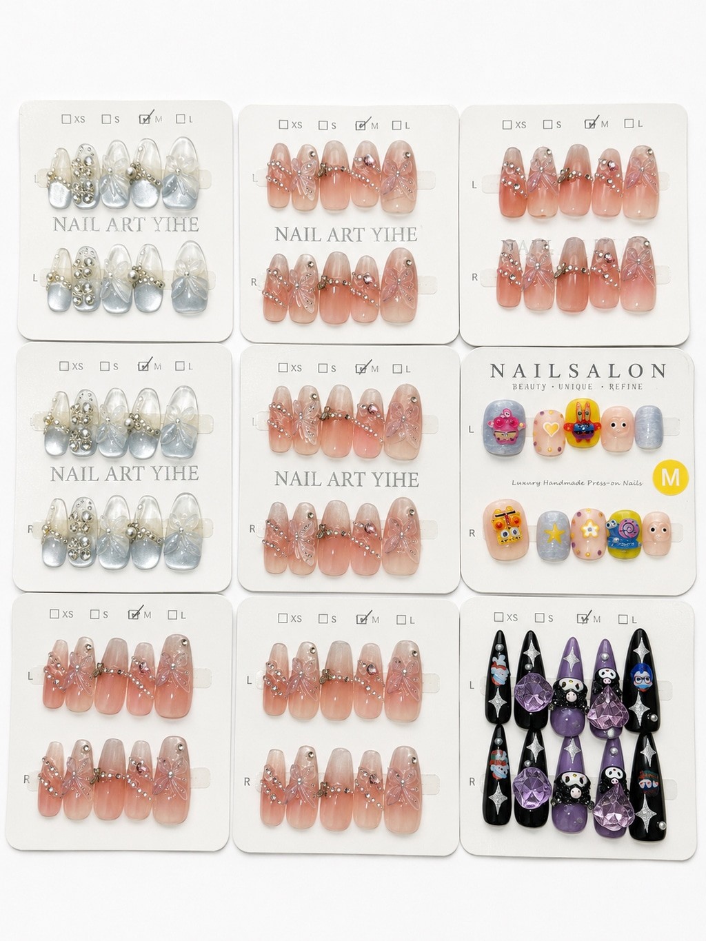 Lot of 8 Handmade Press On Nail Sets 3D Rhinestone Bow Cute Kawaii Mixed Designs