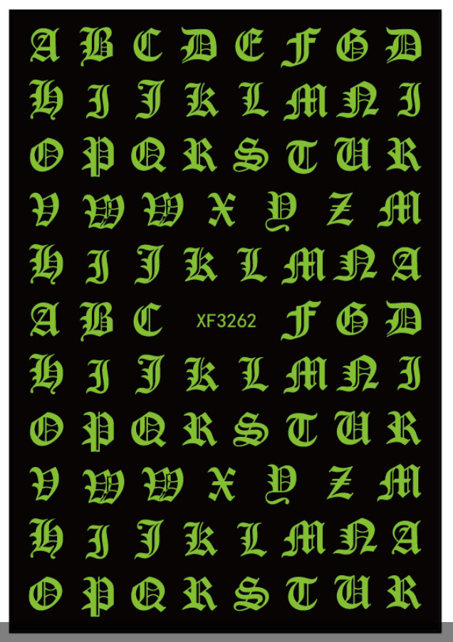 Old English Alphabet Letters Glow in the Dark Nail Stickers Decals Luminous NH21