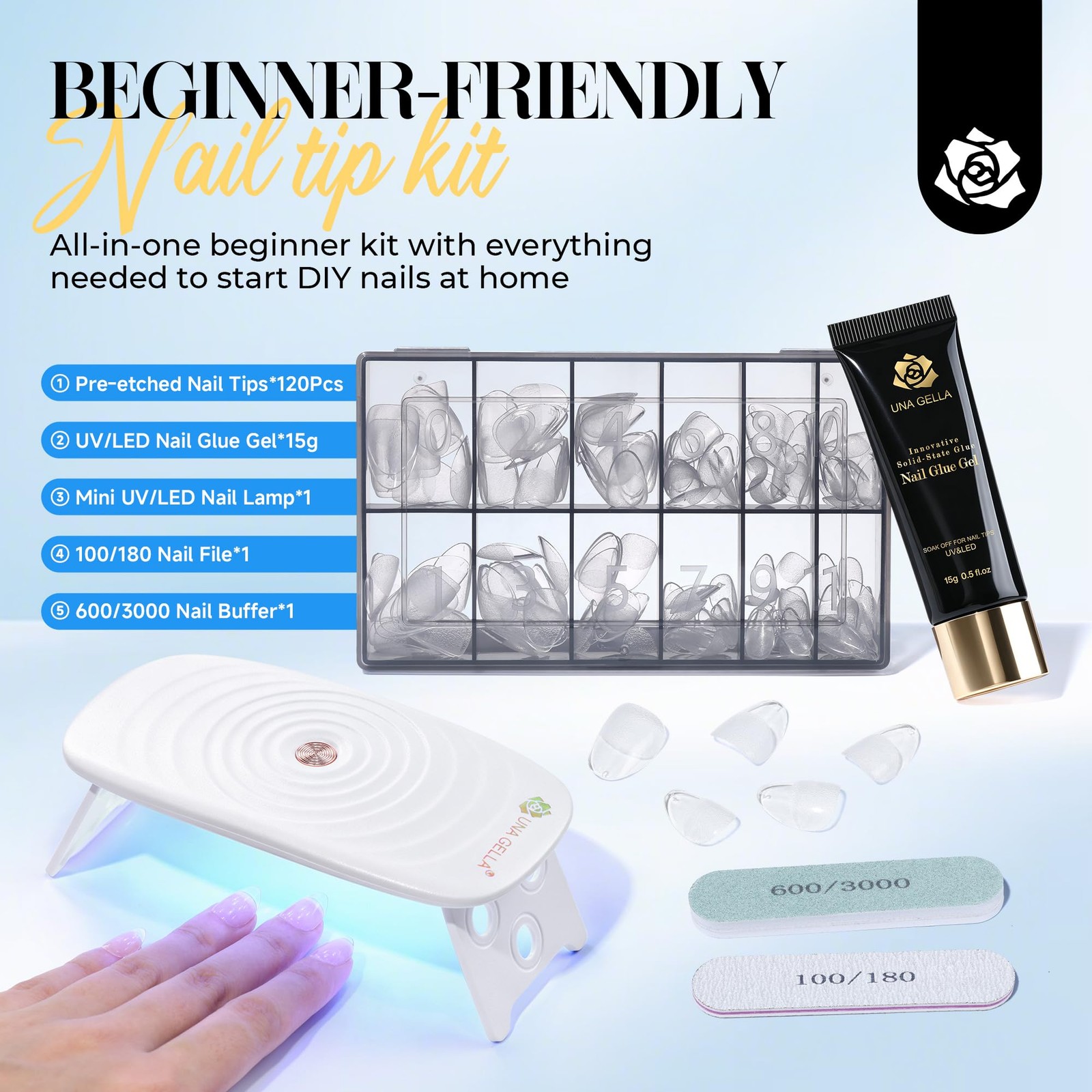 UNA GELLA Gel Nail Kit: Extra Short Almond 120Pcs Pre-Etched Soft Gel Nail Ti…