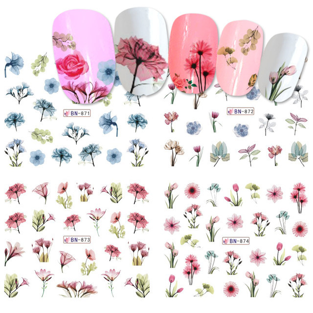 Nail Art Water Transfer Sticker Ink Flower Green Leaves Rose Bird Floral Decals