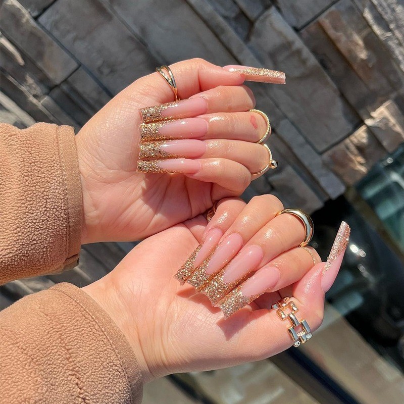 48pcs-Nude Pink Nail with Long Coffin Shape and Sparkle Gold Glitter French Tips