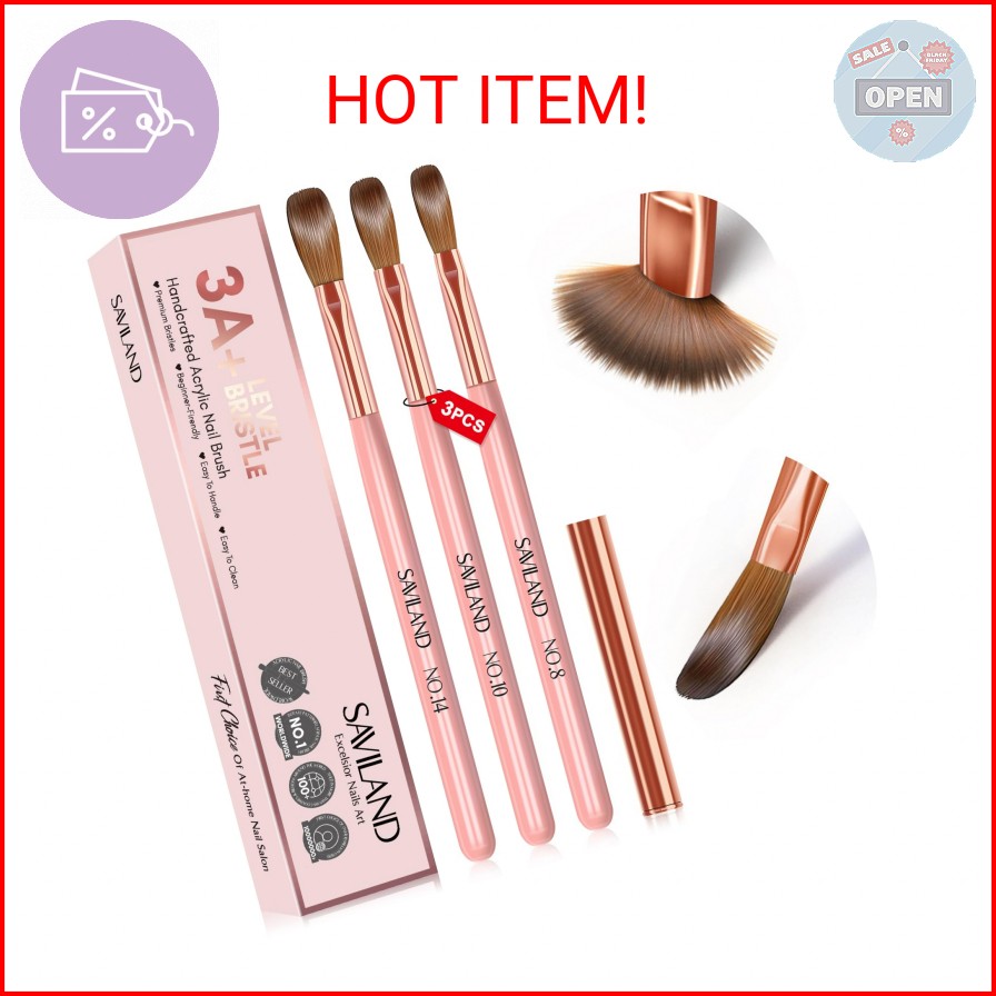 SAVILAND 3PCS Acrylic Nail Brush Set: Size 8/10/14 Kolinsky Acrylic Nail Brushes