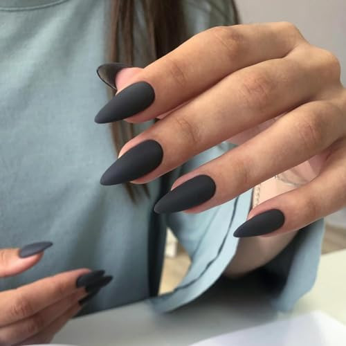 Black Press on Nails Medium Stiletto Almond, Matte Pure Color Matte Black