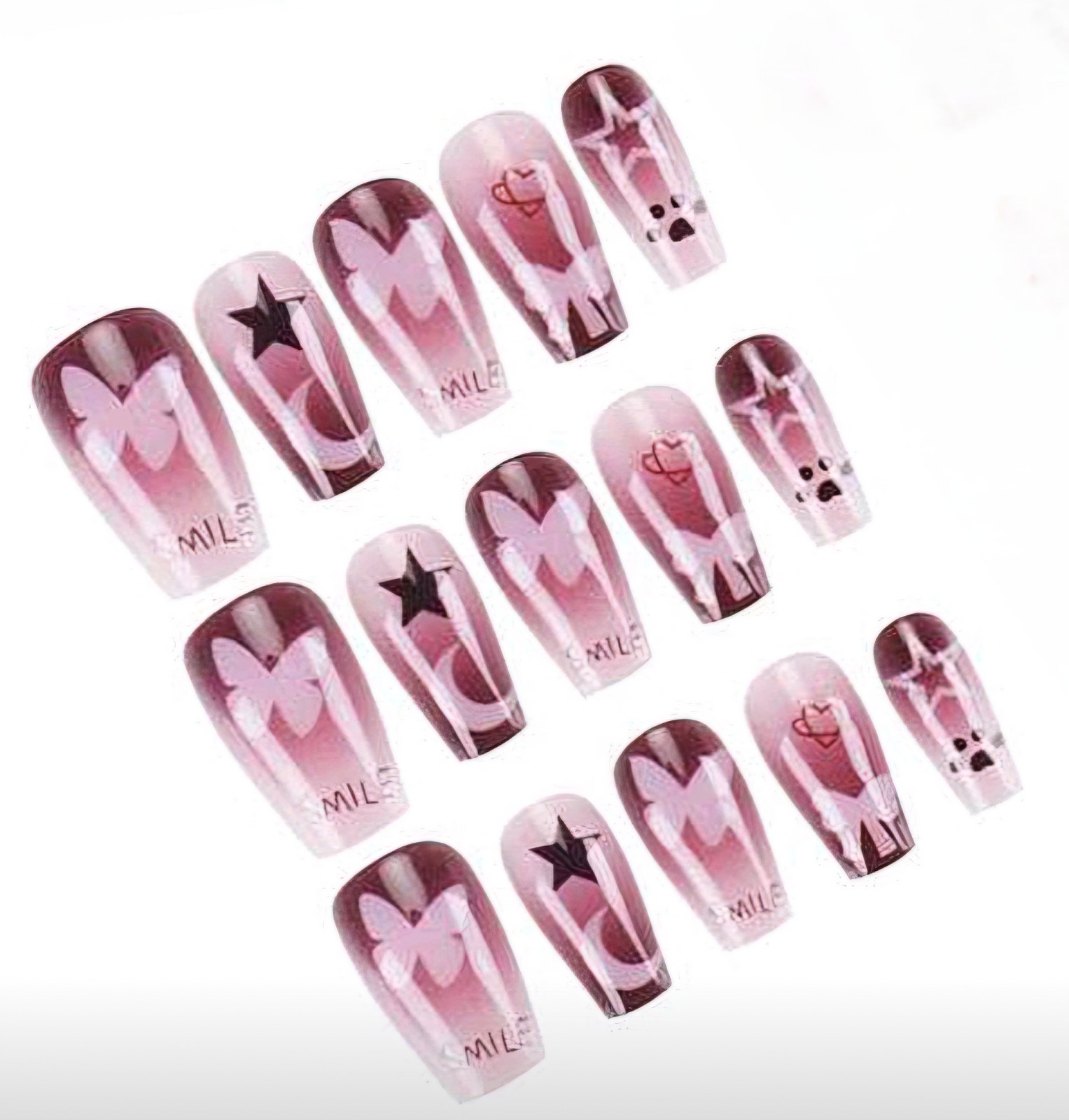 Press-On Nails Summer Light Pink Dark Pink Stars & Butterflies Medium *30 pcs*
