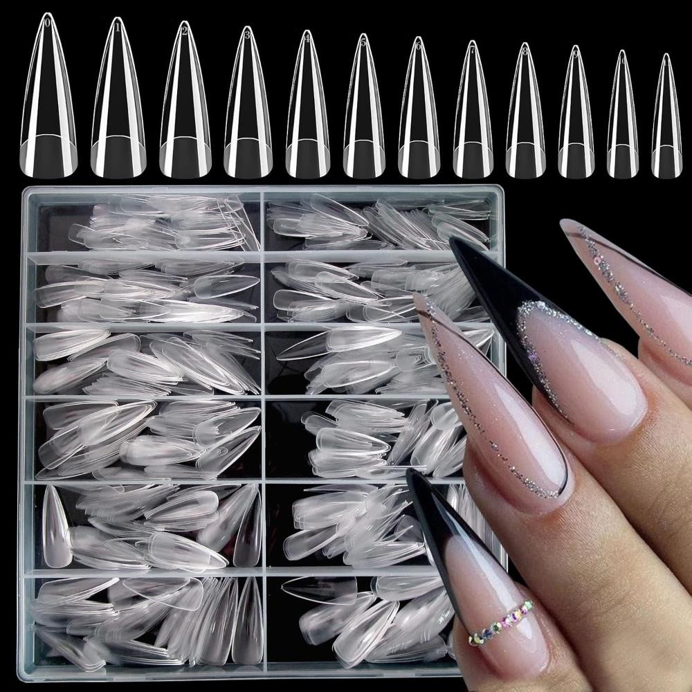 LoveOurHome 600pc Stiletto Gel X Nail Tips Full Cover Clear Fake Nails