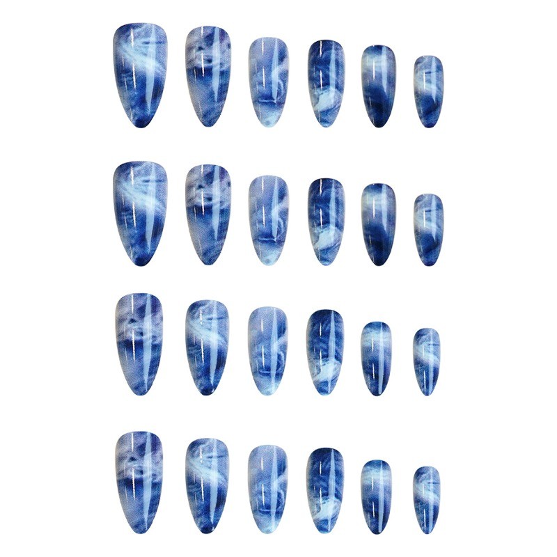 48pc Blue Press on Nails White Blended Marble Wearing Mid Long Press On Nails