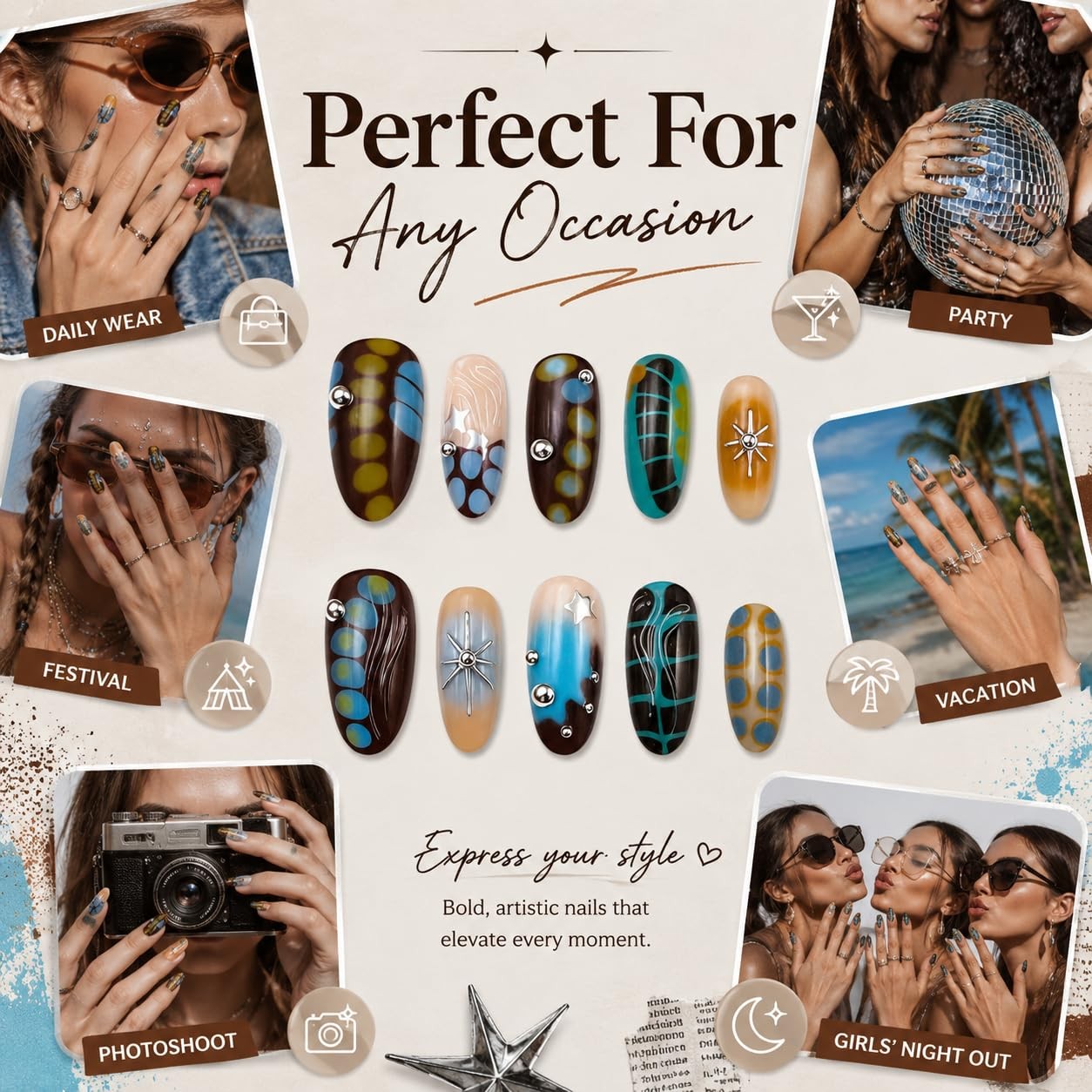 WZHAOJUN Y2k Press On Nails M Brown Blue