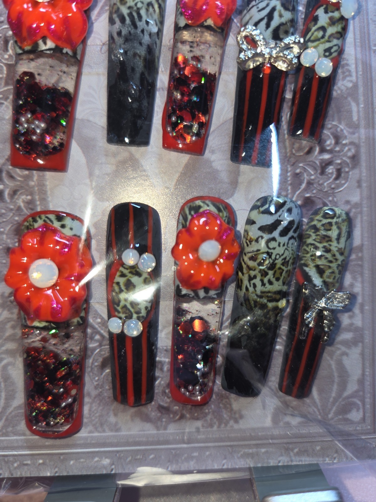 Press On Nails Handmade Medium Red animal print, red flowers, water aqua. Nail