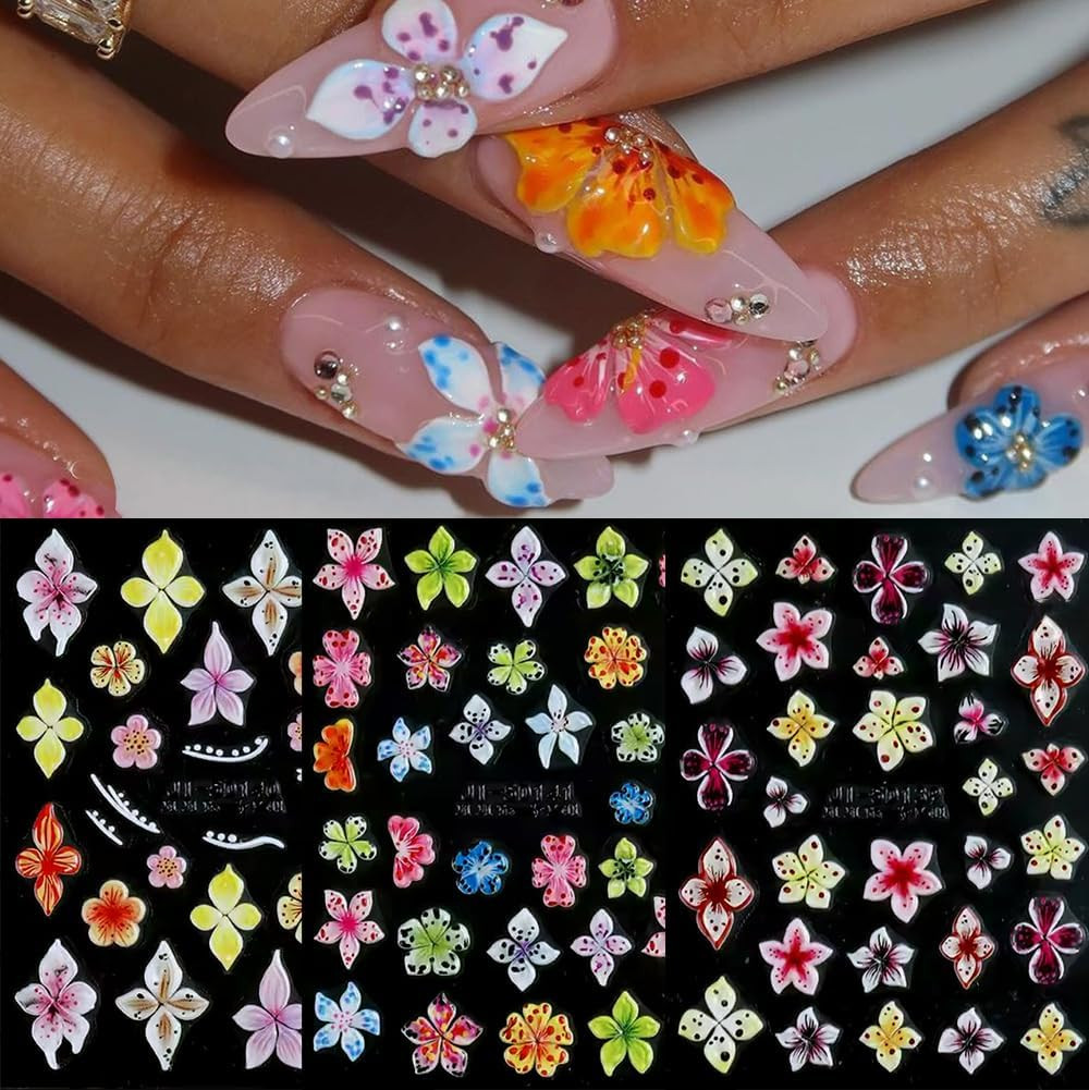 Flower Nail Stickers for Nail Art, 5D Embossed Hibiscus Nail Decals Pink White L