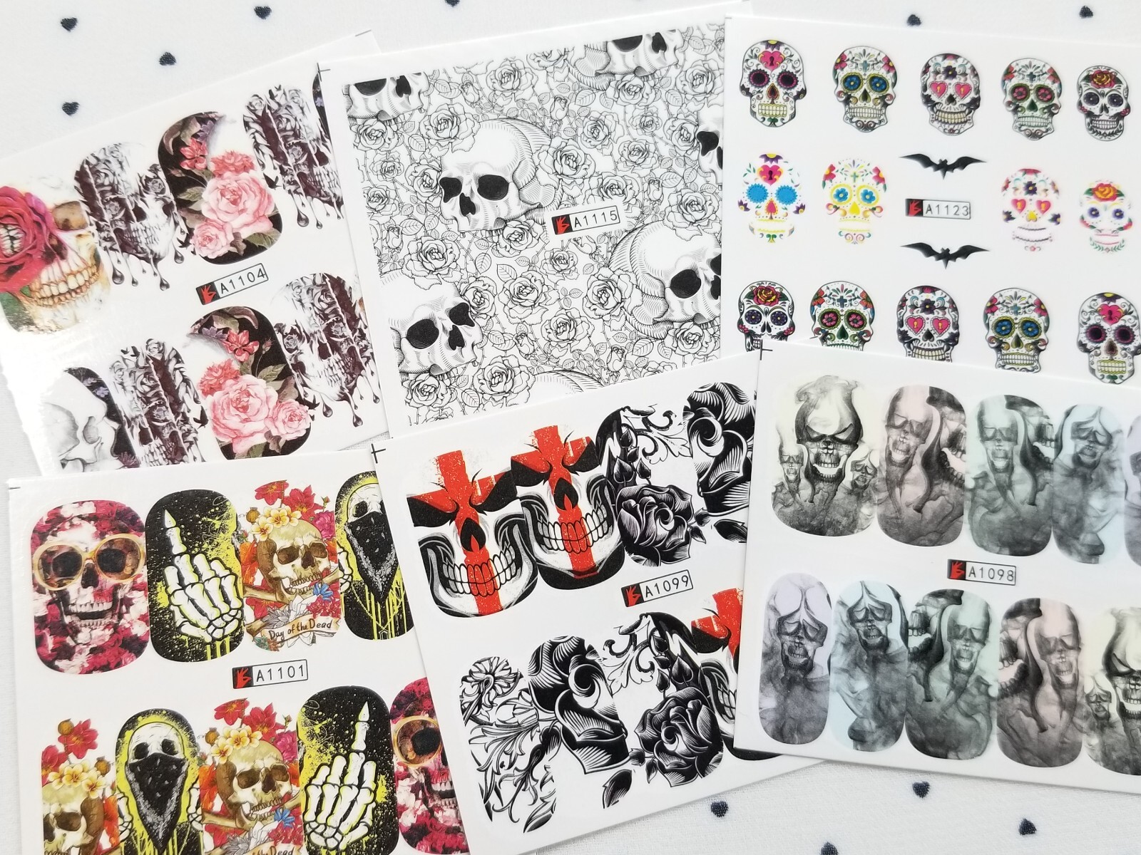 Goth Skull Nail Art Water Transfer Decals Sticker Small 6 Sheets【B】