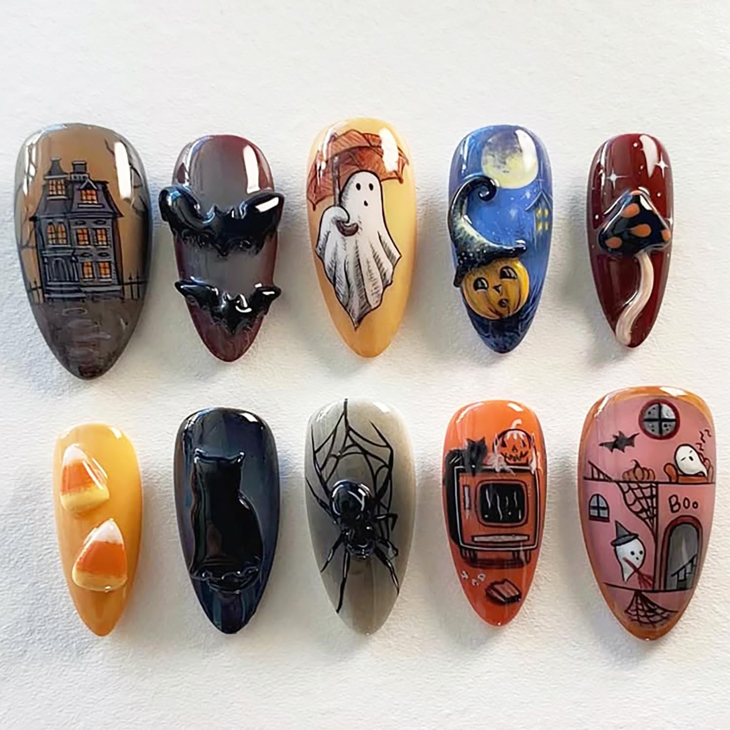 30Pcs Medium Almond Halloween Press On Nails 3D Spider Bat Ghost Designs