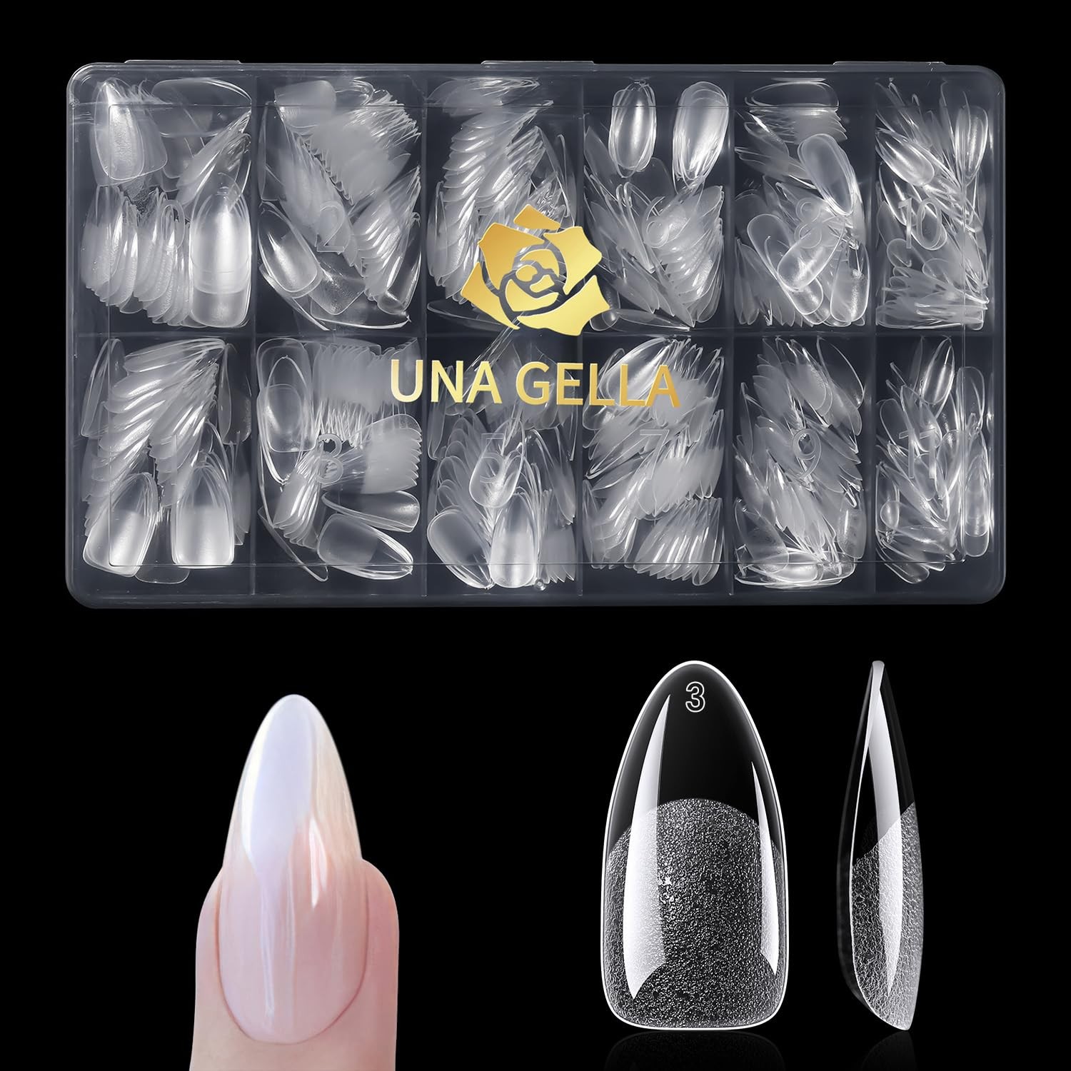 Una Gella 600 Pcs Almond Gel Nail Tips Pre Etched Medium Almond Nail Tips 12