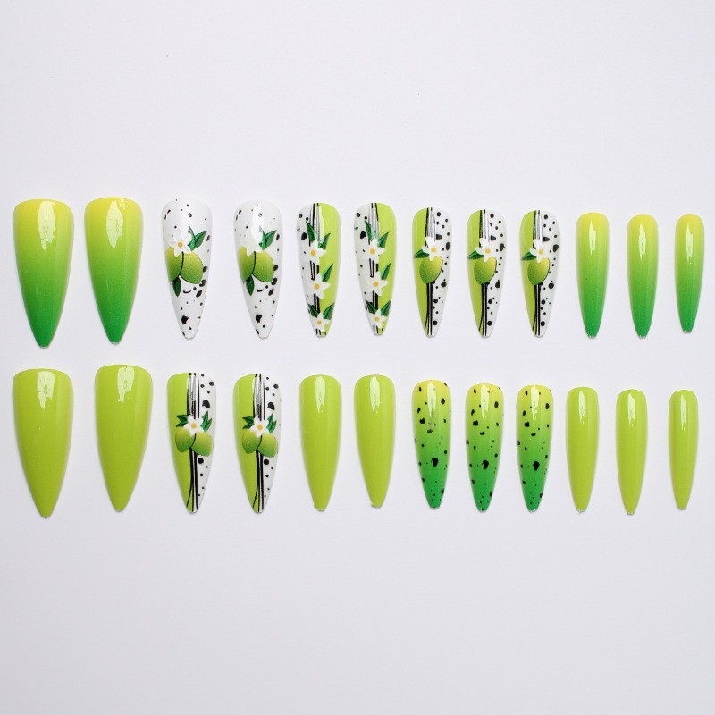 48pcs-Summer Lemon Themed Press on Nails, Almond with Ombre Yellow Green Tips