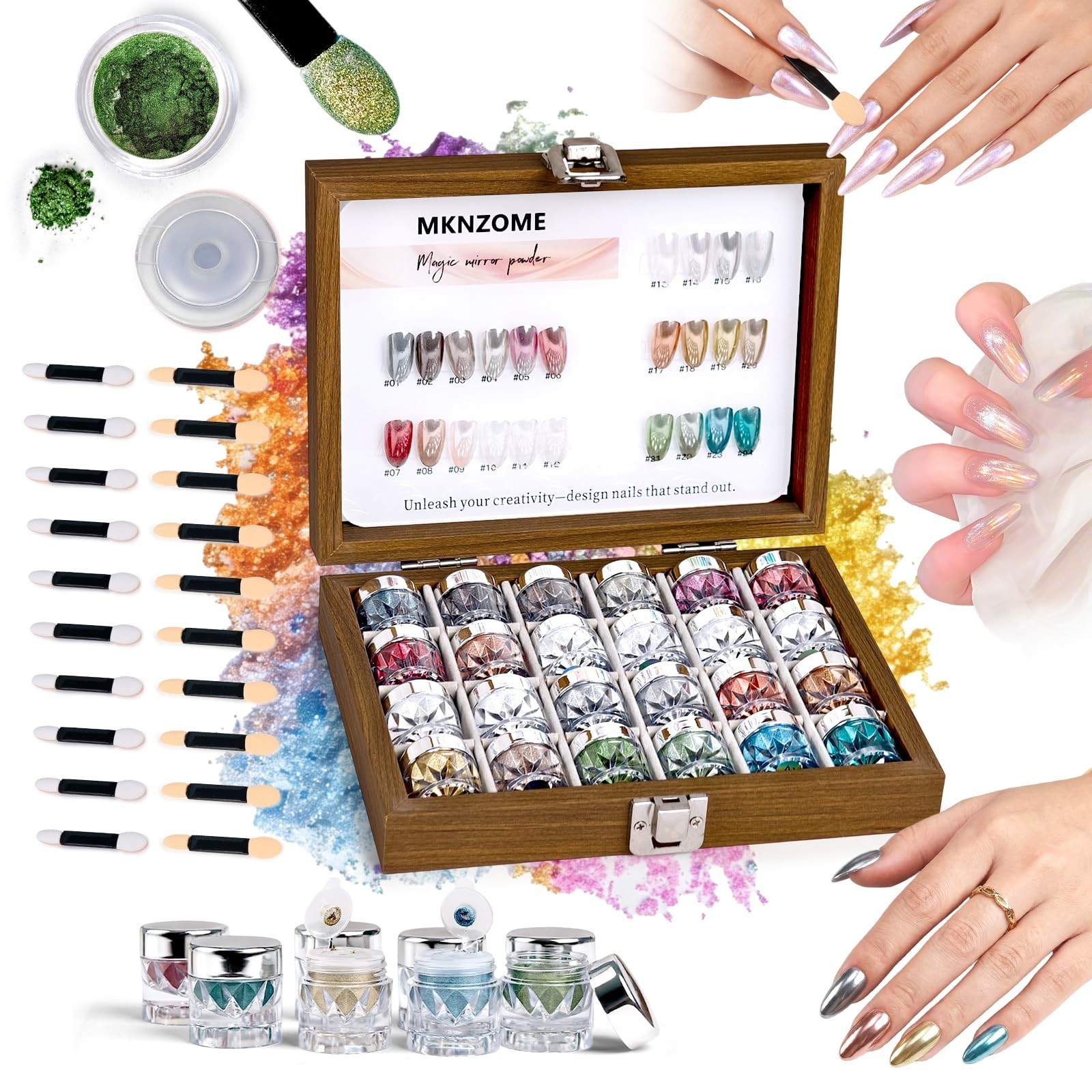 24 Colors Chrome Nail Powder – Iridescent Metallic Holographic Glitter for DIY N